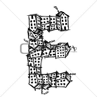 Letter E made from houses, vector alphabet design