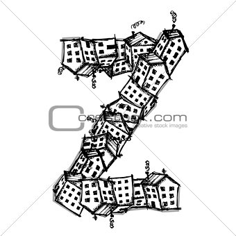 Letter Z made from houses, vector alphabet design