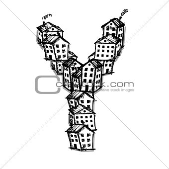 Letter Y made from houses, vector alphabet design