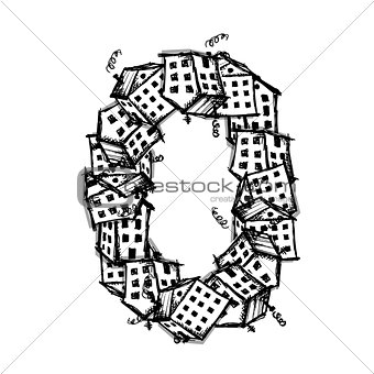 Number zero made from houses, vector alphabet design