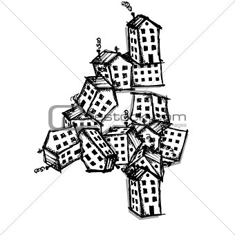 Number four made from houses, vector alphabet design