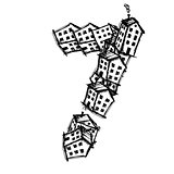 Number seven made from houses, vector alphabet design