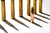 Macro shot of bullet casings on a white studio background