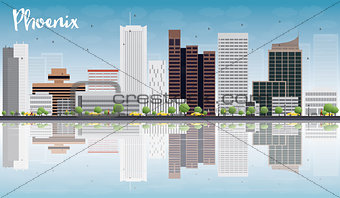 Phoenix Skyline with Grey Buildings, Blue Sky and reflections