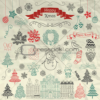 Hand Drawn Artistic Christmas Doodle Icons on Crumple Paper