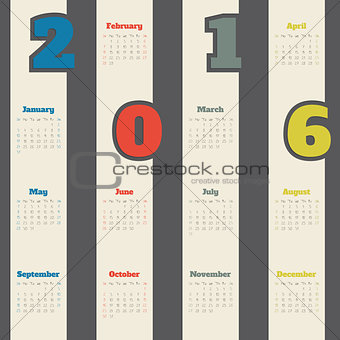 Cool calendar with colorful numbers for 2016