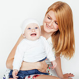 young beauty mother with baby, red head happy family isolated