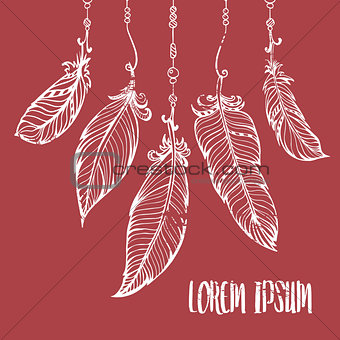 Vector hand drawn poster with feathers. Bohemian style.