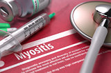 Myositis. Medical Concept on Red Background.