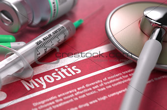 Myositis. Medical Concept on Red Background.