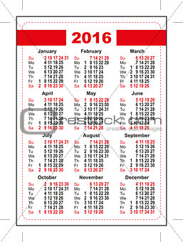 2016 pocket calendar. First day Sunday. Vertical orientation days of week