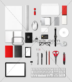 Office supplies mockup template, grey background