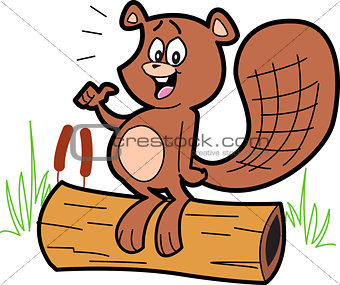 Cartoon Beaver On Log