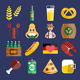Set of flat Oktoberfest vector icons. Bottle Beer, Food and Drinks