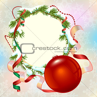 Christmas card template. Fir branch frame and Christmas ball