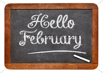 Hello February sign on blackboard
