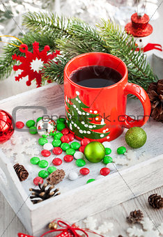 Christmas coffee cup and candies