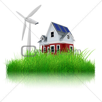 3D house with wind turbine in oversized grass