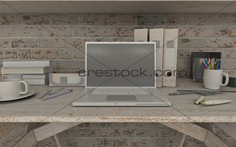 white interior desk and bookshelf