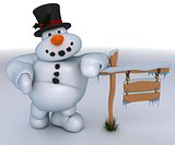 Snowman Character with blank wooden signpost