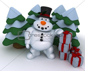 Snowman Character with christmas trees and gifts