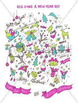Set of neon bright doodle design elements for Christmas and New Year