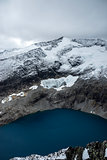 The lake Bispevatnet, blue and calm sorounded by mountains and glaciers