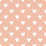 Tile vector pattern with white hearts and polka dots on pastel pink background