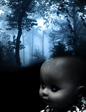 Vintage spooky doll and landscape of foggy forest 