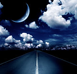 Night landscape with road, clouds and the moon