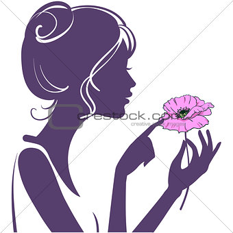 Pretty young girl with a pink poppy flower. Silhouette