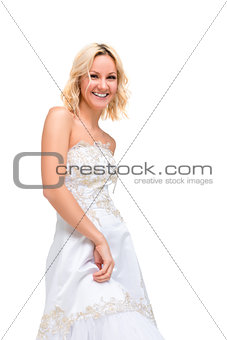 Isolated on white background shot of a bride in a dress