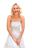blonde girl cheerfully laughs in a wedding dress on a white back