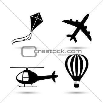 Airplane, helicopter, air balloon  and kite vector icon set