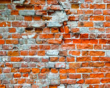 Brick damaged wall with cracks as background