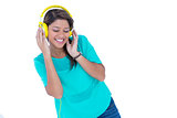Happy pretty brunette listening music