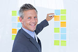 Puzzled businessman looking post its on the wall