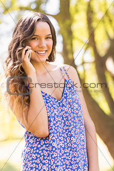 Pretty brunette having phone call in the park