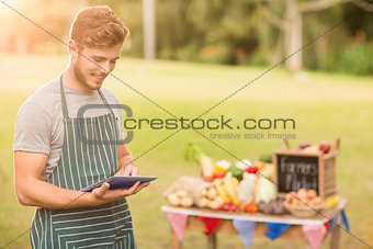 Handsome farmer using his tablet
