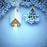 aerial view snow christmas. the light out come the door home and