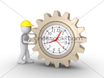 Worker pushing clock cogwheel
