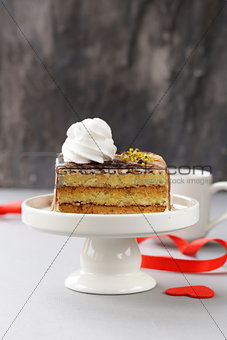 portioned dessert piece of cake with cream and chocolate