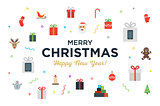 Greeting Christmas and Happy New Year Card with bunch of gifts