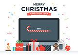 Geek Happy New Year and Christmas Card with abstract loading bar on Desktop computer, Gifts, candy, candle