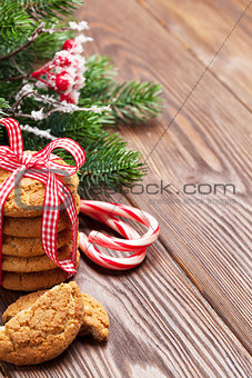 Christmas gingerbread cookies, candy cane and tree
