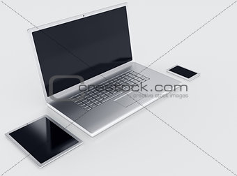 Laptop tablet and smartphone with black empty screens