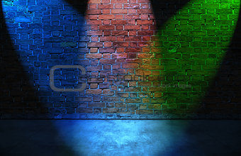 Colorful RGB spot lights on brick wall
