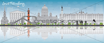 Saint Petersburg skyline with grey landmarks, blue sky and copy 