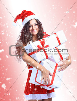 Christmas Santa woman portrait hold christmas gift