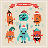Vector Cute Retro Hipster Christmas Monsters Set